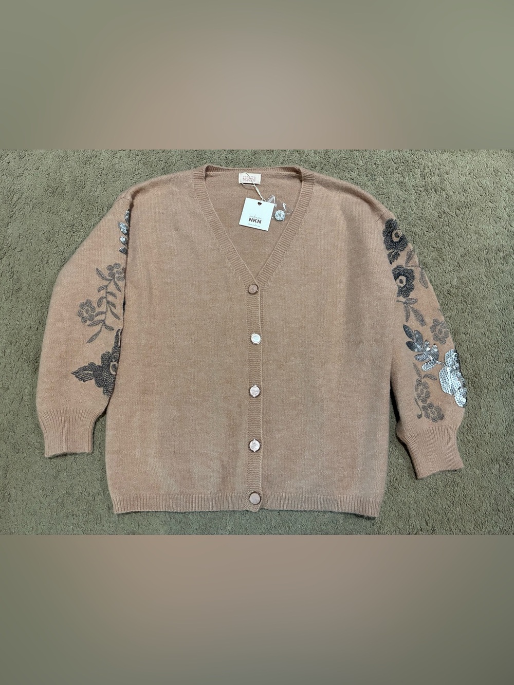 Nekane NKN Sequin Flower Sleeve Button Cardigan Knit Sweater V-Neck Size Small